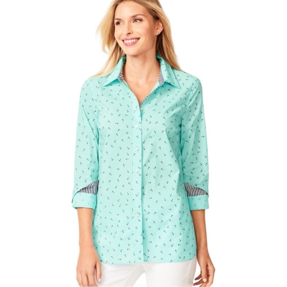 Talbots Tops - Talbots Long Sleeve Cotton Anchor Nautical Vacation Coastal Button Front Blouse